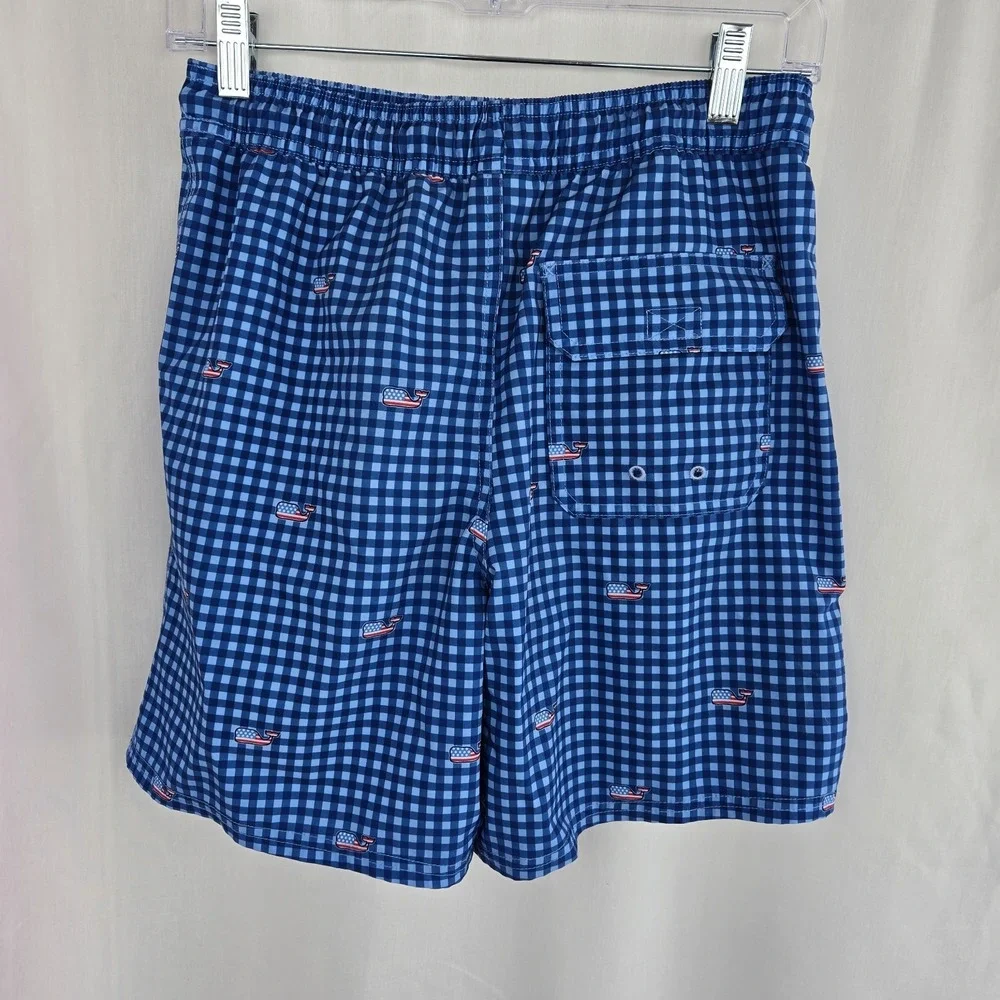 Vineyard Vines Boys Chappy Swim Trunks Blue Gingham Check American Flag Whales L